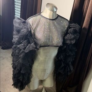 Black Sheer Ruffle Sleeve Crop Top